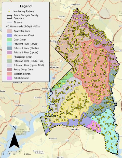 Map of all monitoring stations in Prince George's County