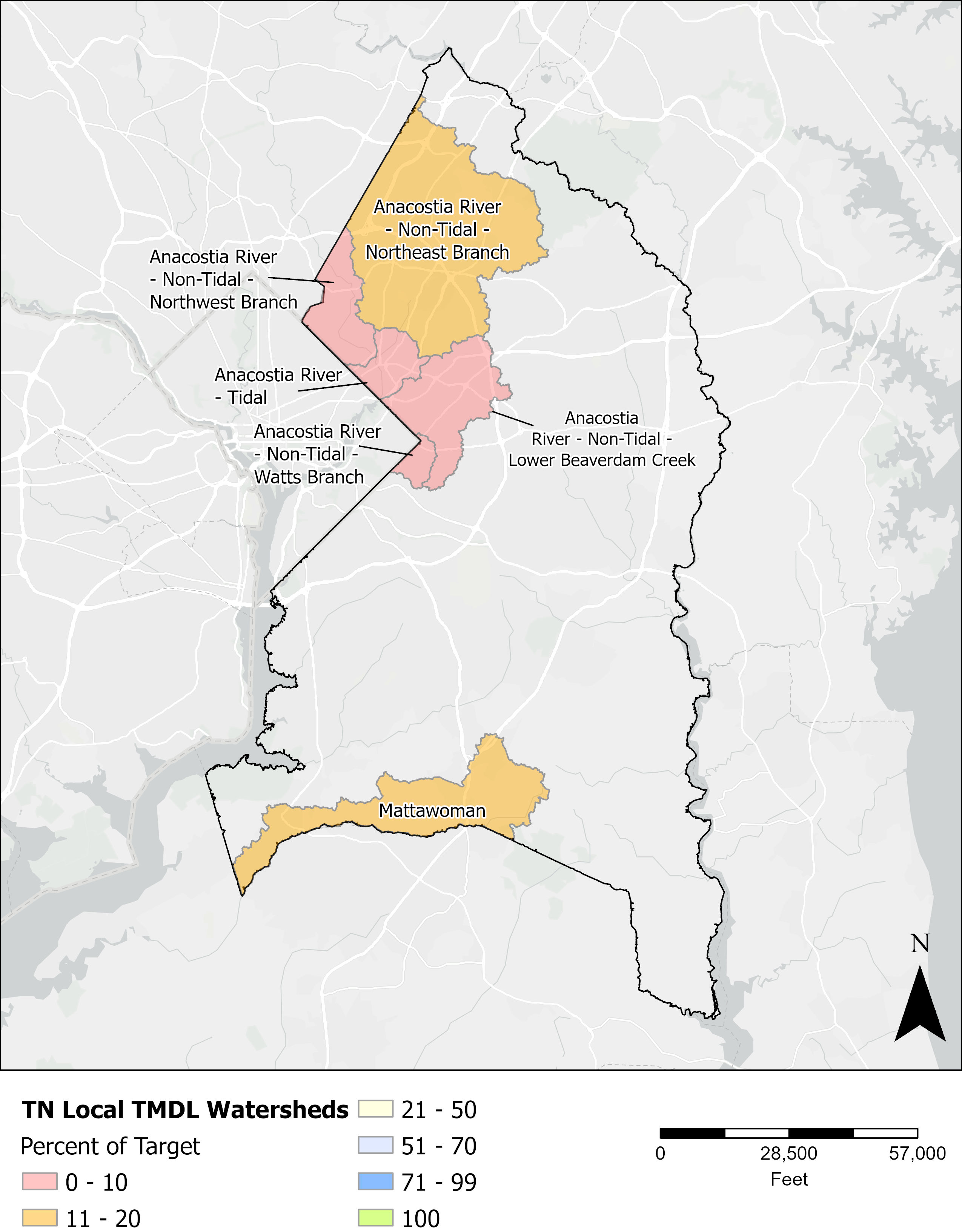 Figure 3. Percent of TN target achieved for the local TMDLs by watershed.